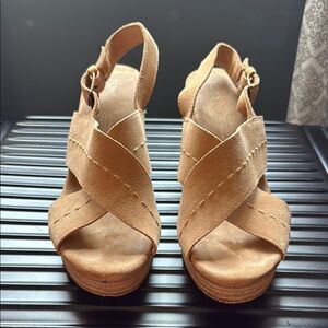 Toms Tan Wedge Sandals with Crisscross Straps
